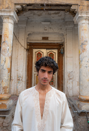 White Chickenkari Embroidered Short Kurta with Bell Bottom For Men